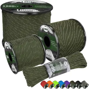 Reflective 1000lb Paracord, 50/100/200/500/1000ft 4mm 13 Strand Paracord Rope, Tactical Parachute Cord for Camping, Fishing, Clothesline, Hammock, Tent & Survival Bracelet, Army Green
