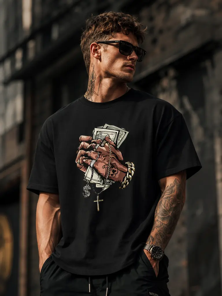 Menswear Hustle & Faith T-Shirt, Casual Streetwear Letter Print Cotton Tee, Fitted Round Neck for Daily Wear, Fashion Apparel, Cotton Fabric, Meaningful Street Art Tee, Tshirt, Shortsleeve, Fitted Cut, Statement Tee