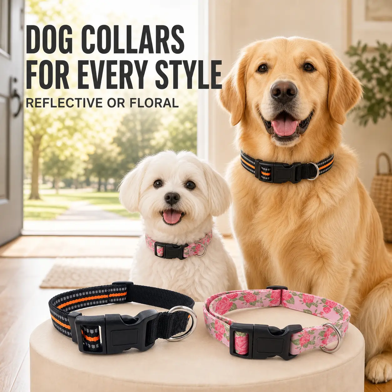 SmartWell Adjustable Dog Collar - Reflective Durable Tough Nylon or Soft Floral Fabric, Quick Release Buckle, Solid D-Ring for Puppies & Adult Dogs, Night Walks Visibility, Daily Outdoor Adventures