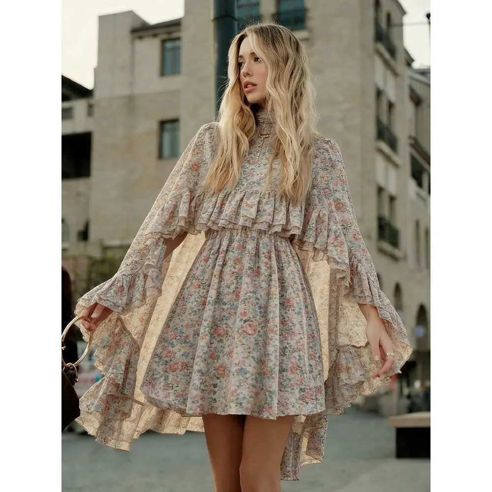 Ocean Style 2026 Summer Two Piece Semi-Sheer Chiffon Dress Ruffle Cape Elegant Casual Women Vacation Outfit Chic Fabric Lace Breathable Breathable Womenswear