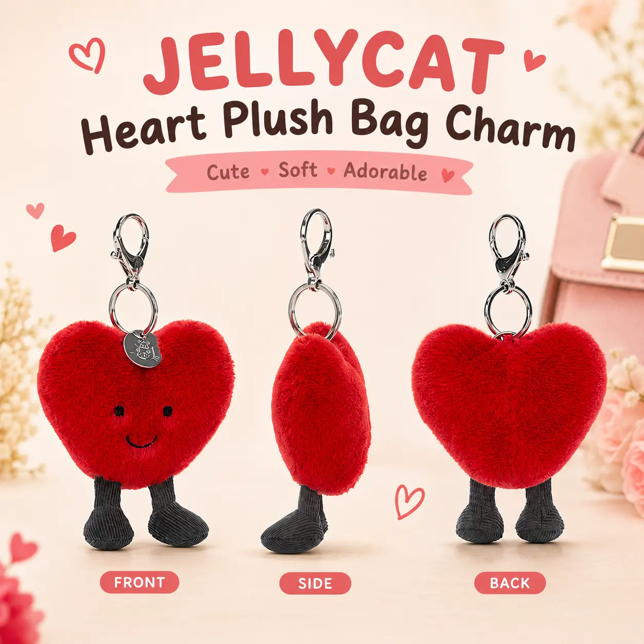 2026 Jellycat Heart Plush Bag Charm Keychain Cute Valentines Day Gift