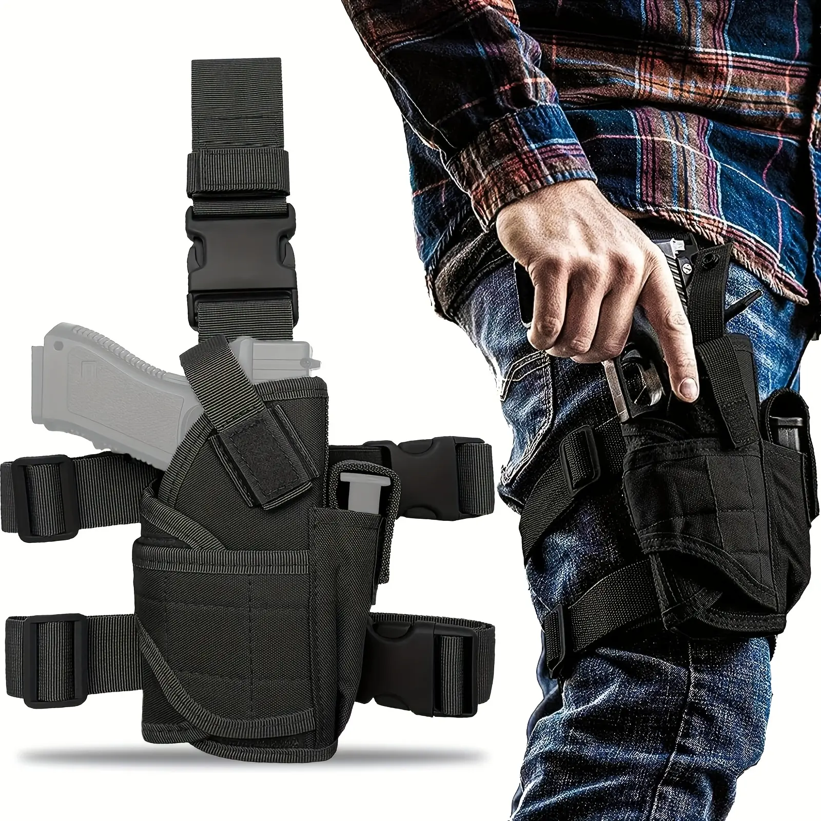 Tactical Drop Leg Holster, Black Polyester Right-Handed Thigh Rig with Adjustable Right Thigh Straps and Magazine Pouch for Hunting & Outdoor Enthusiasts, Thigh Gun Holster