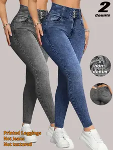 Women High-Waisted Stretchy Elastic Printed denim leggings, Fake Buttons, no real Pockets, All-Season, Slim Fit, Breathable, Casual Style, Sporty, leggings, imitation denim fabric
