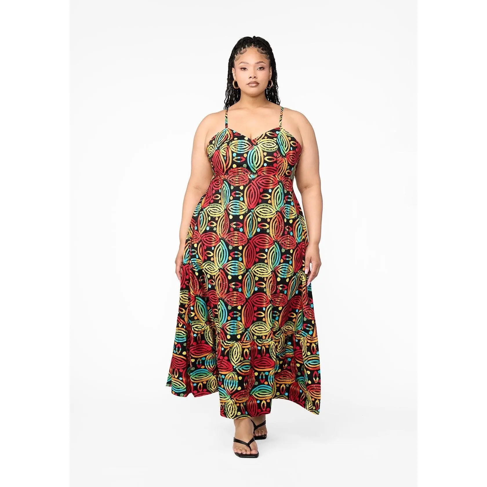 Oneyka Women's African Print Cut-Out Maxi Dress (Black Rasta Batik) - Clearance