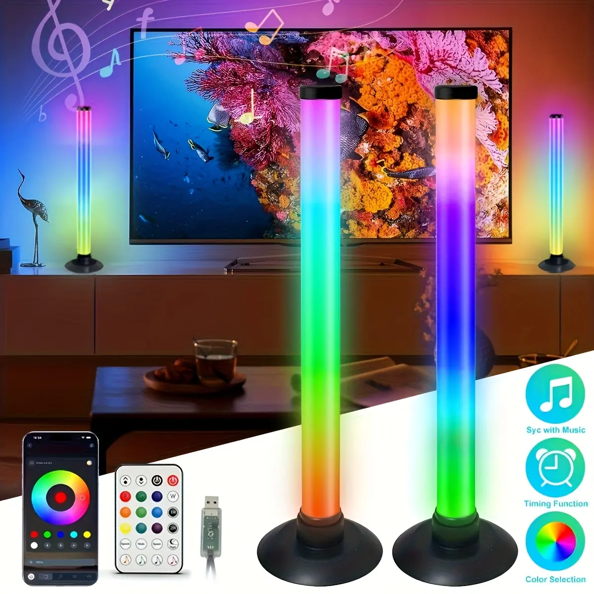 2pcs RGBIC LED Light Bars - USB Powered, App/Remote/3 Control Modes, 8 Scene Modes, 16M Colors, Dynamic Music Sync, Gaming Desk Decorative Mood LED Lights