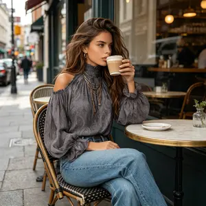 Women's 2026 New European American Vintage Paisley High Neck Off‑Shoulder Chiffon Blouse, Lantern Sleeve Loose Figure‑Flattering Casual Top