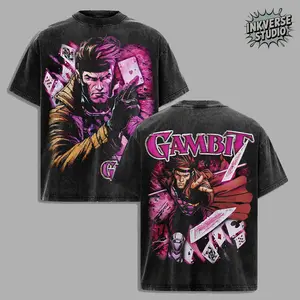 InkVerse Limited Edition Gambit X-Men Cards Charge Graphic Tee, Marvel Mutant Hero Remy LeBeau Design T Shirt, Comic Illustration Style, Oversized Streetwear Unisex Tee, Vintage Style, Gift for Fans