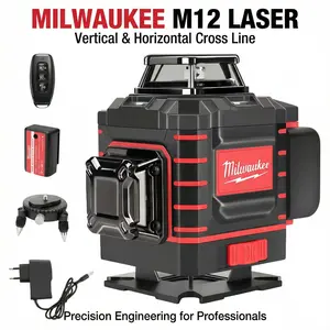 Milwaukee M12 12V Cordless Cross Line Laser features Compact 15cm Design for Tight Spaces with Self-Leveling Vertical & Horizontal Lines and 8-Hour Runtime Includes M12 System Compatibility and Rugged Build for Pros professional tool green beam boot  task
