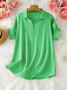 Women's Fashion Basic Lapel Collar Solid Color Fitted Drop Shoulder Short Sleeve Shirt, Casual Summer Top, Stylish Ladies' Blouse, Casual Tops
