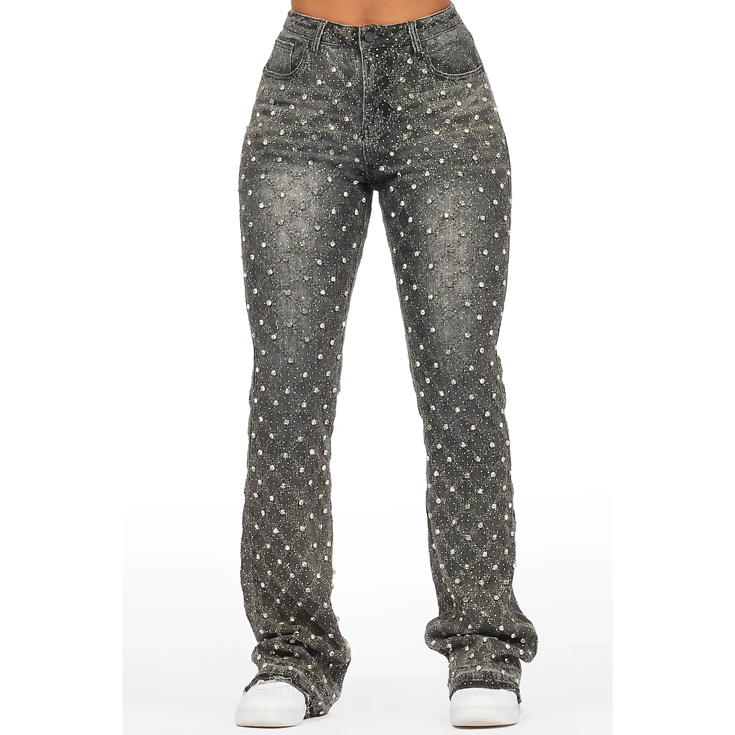 Sareka Grey Wash Rhinestone Stacked Flare Jean