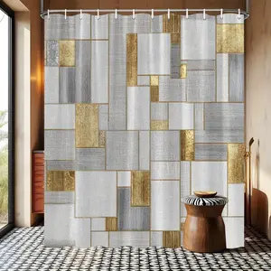 Modern abstract pattern of gray and gold squares forest shower curtain, polyester fabric, four season universal, Bathroom Decoration Accessories, with 12 hooks