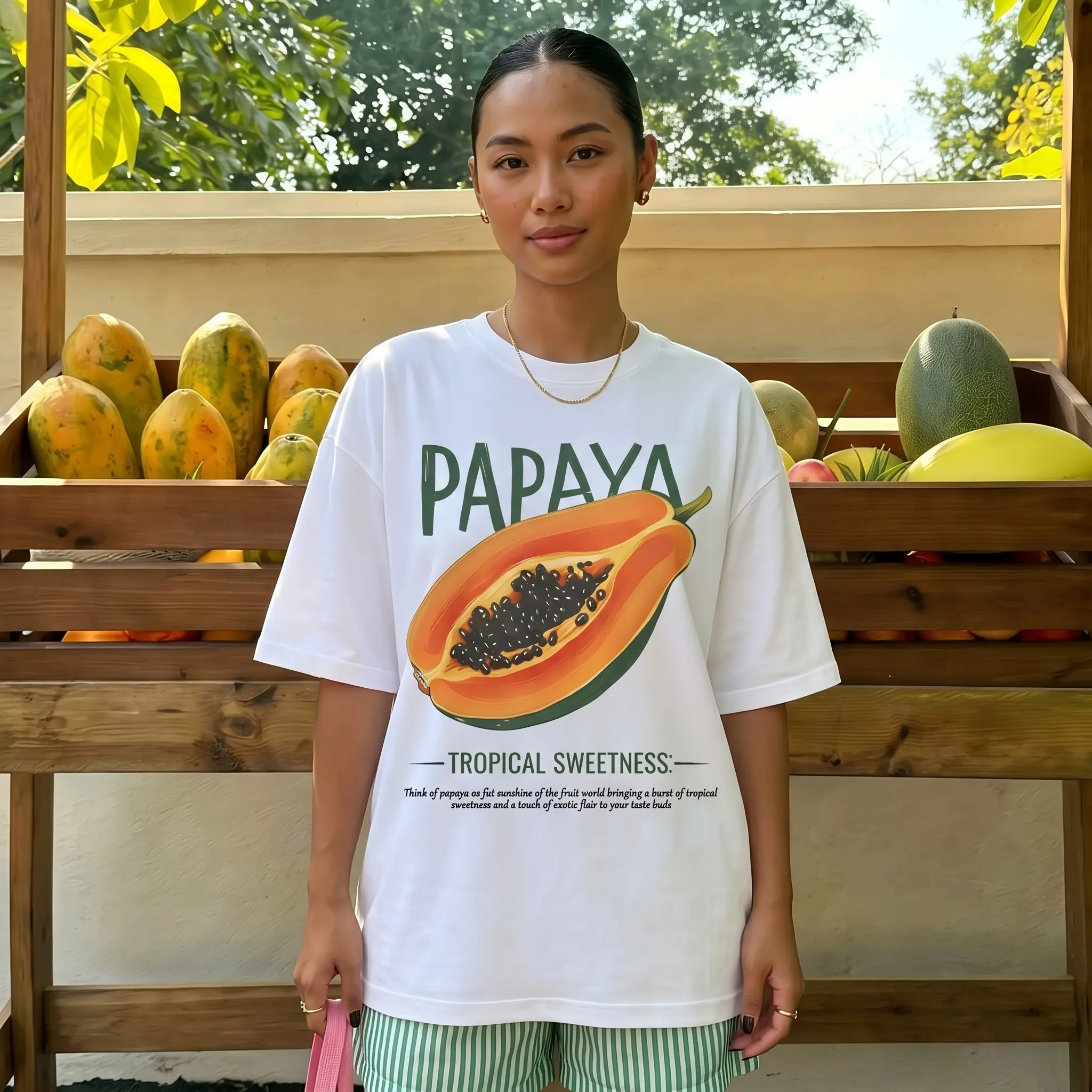 Womens Oversized Graphic Tee Papaya Fruit Back Print Crew Neck Short Sleeve Summer Vacation Beach Streetwear Loose Casual Cotton Top