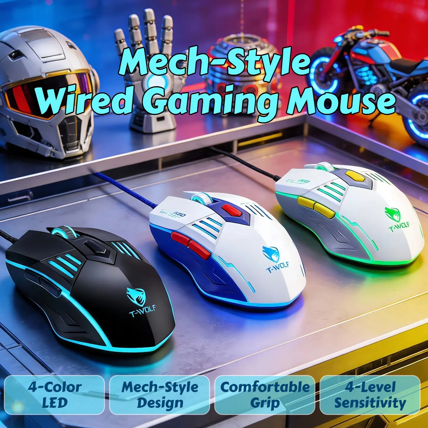T-WOLF 6D Mech-Style Wired Gaming Mouse, 4-Color Lighting, 4-Level ...