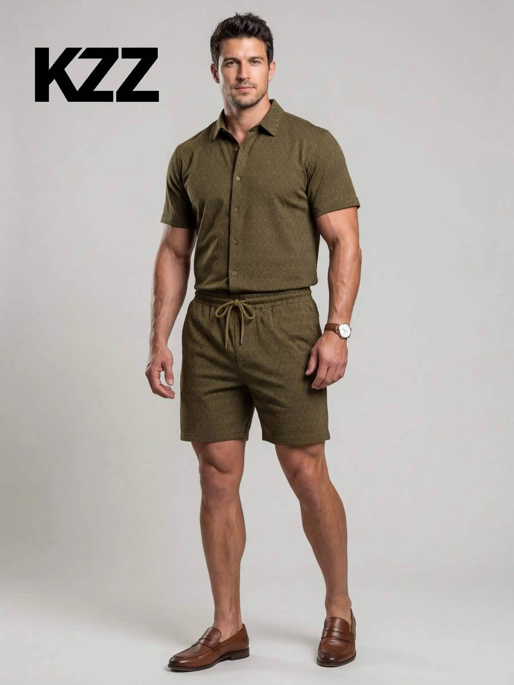 KZZ Men's 2-Piece Fitted Jacquard Clothing Set - Long Sleeve Shirt, Matching Shorts, Stylish Menswear for Casual Outdoor Leisure, Mens Clothing, Clothes