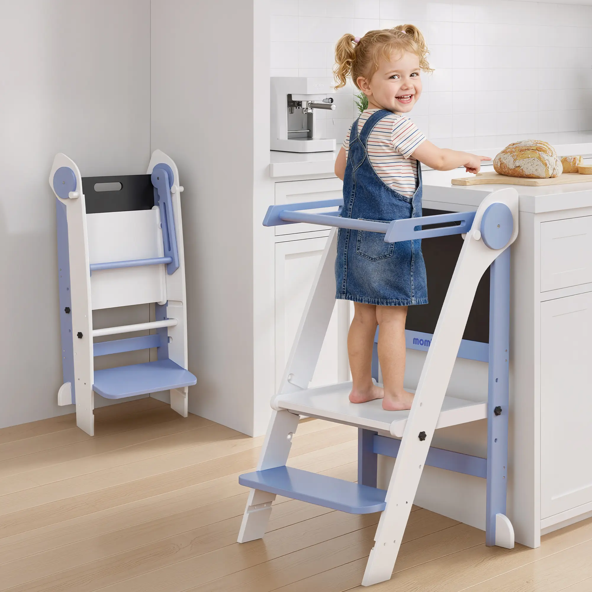 MOMFANN Foldable Toddler Standing Tower with Adjustable Height, Kitchen Stool Helper for Kids, Wooden Step Stool with Safety Rail & Anti-Slip Feet for Kitchen Counter and Bathroom Sink