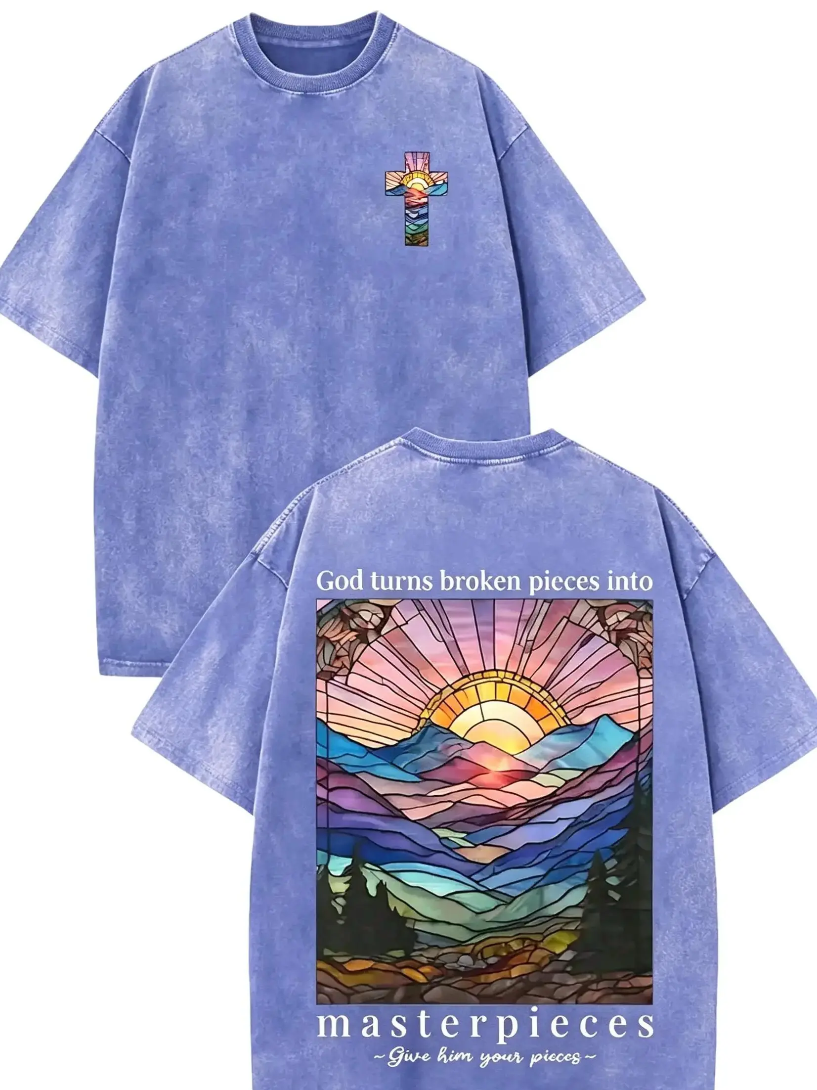 [BT] Unisex Vintage Washed Mountain & Sunset gothic Print Round Neck Graphic Aesthetics 100% Cotton Tee, Vintage Trendy Casual Streetwear Essentials Short Sleeve Washed Distressed Fitted T-shirt for Daily Wear, Men's Summer Outfit, Top, Mens look