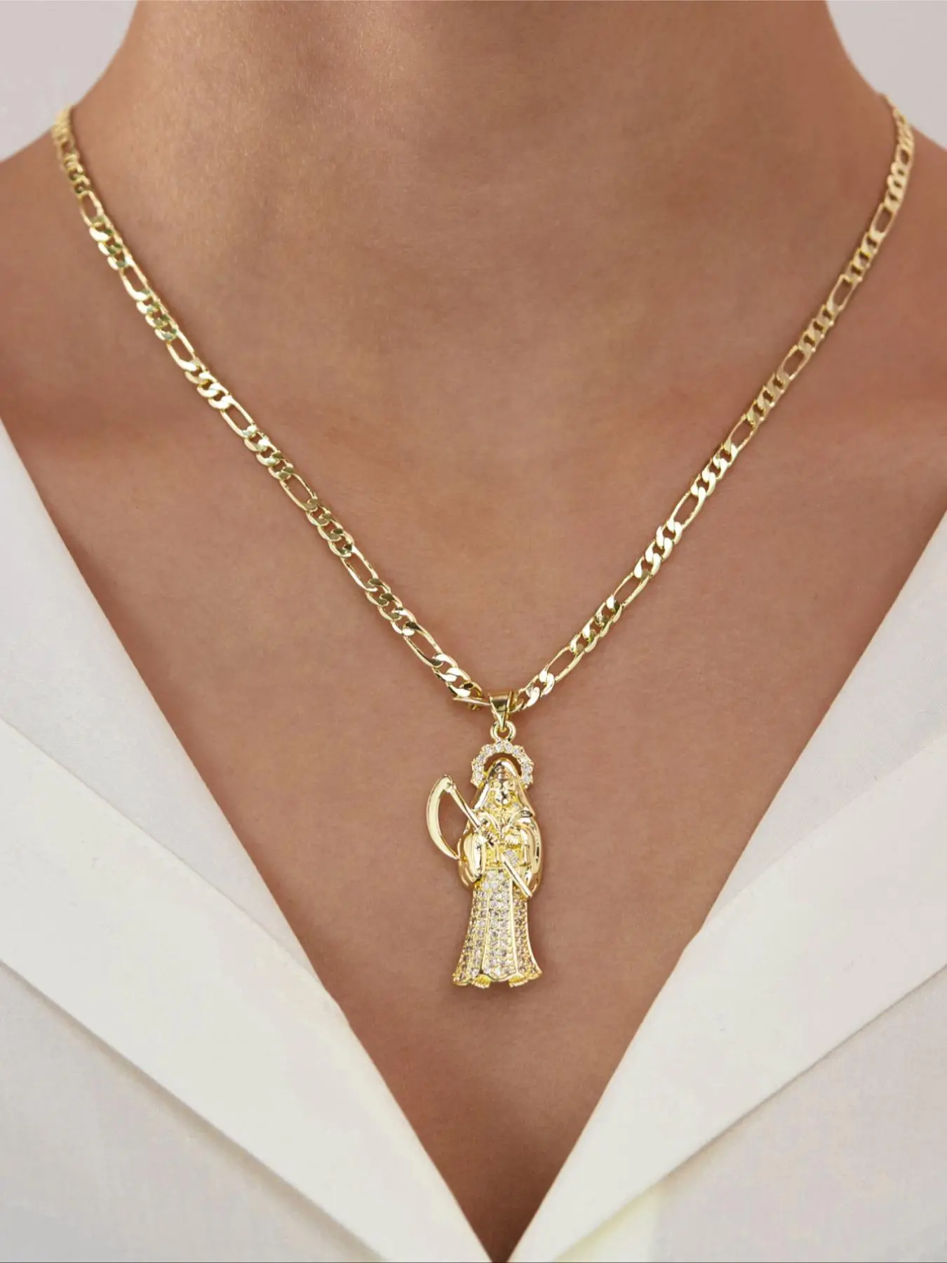14K Dia De Los Muertos Saint Death Unique Design Pendant Necklace, Unique Unisex Copper Chain Jewelry, Perfect Festival Gift, Durable Necklace