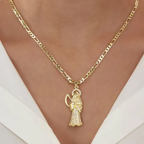 14K Dia De Los Muertos Saint Death Unique Design Pendant Necklace, Unique Unisex Copper Chain Jewelry, Perfect Festival Gift, Durable Necklace