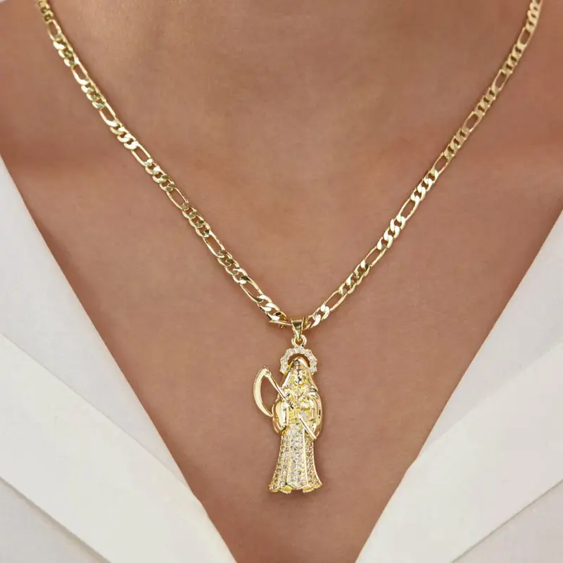 14K Dia De Los Muertos Saint Death Unique Design Pendant Necklace, Unique Unisex Copper Chain Jewelry, Perfect Festival Gift, Durable Necklace