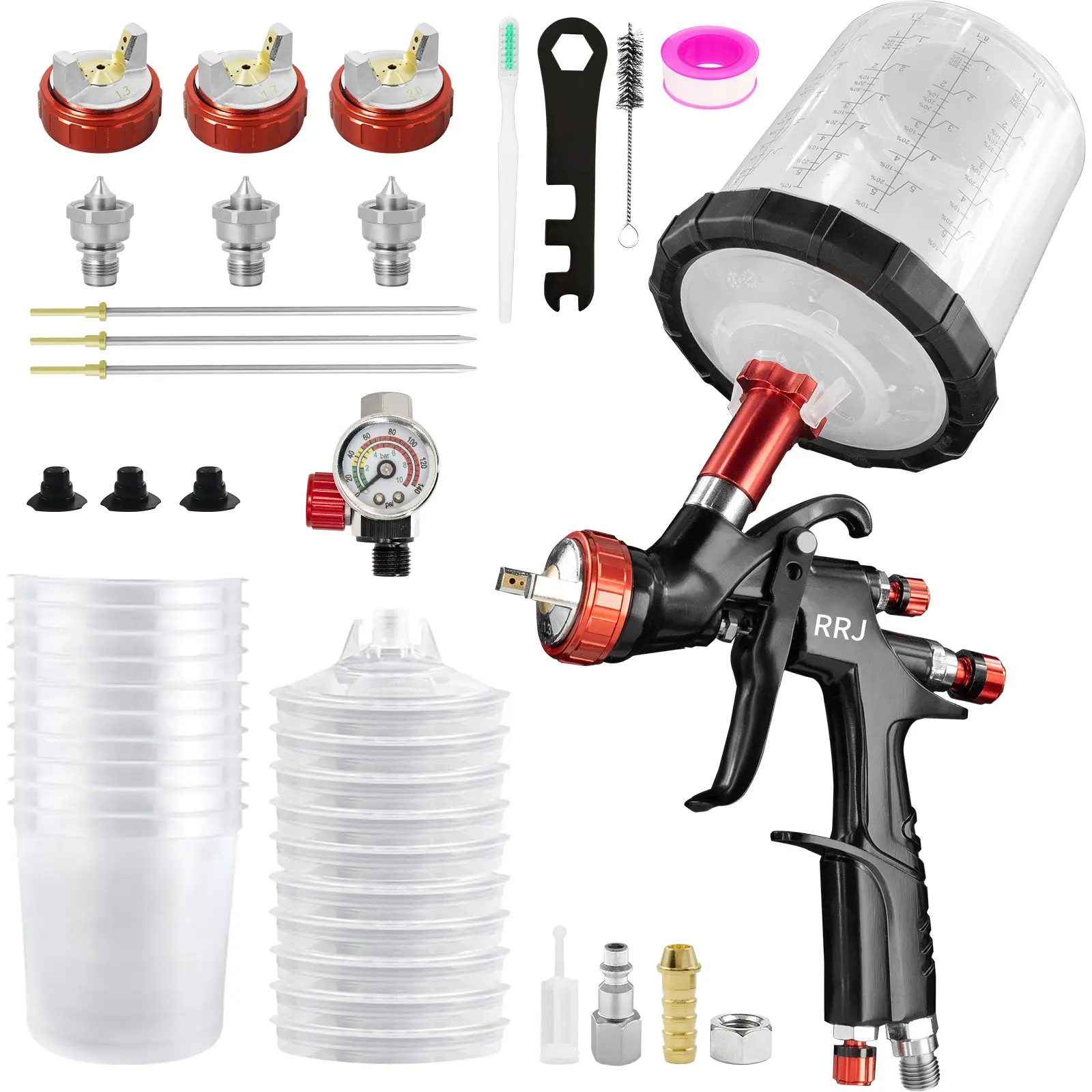 RRJ A610 LVLP Air Spray Gun Premium Kit, with 1.3/1.7/2.0mmNozzles & Air Regulator, 650ml Mixing Cup & 10xDisposable Cups,  Gun for Cars, Furniture, Fence,Varnish&Top Coat high capacity container automotiveadjustable Airbrush Hardware Industrial Met pick