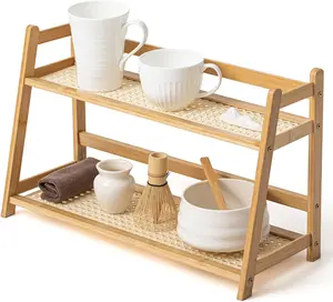 1 Pcs 2 Tier Matcha Station Shelf Bamboo Coffee Mug Stand Countertop Storage Rack, Double Layer Rattan Office Cup, Kitchen, Tea, Plant, Bar Accessories Condiment Display (Wood,17.7 Inch)