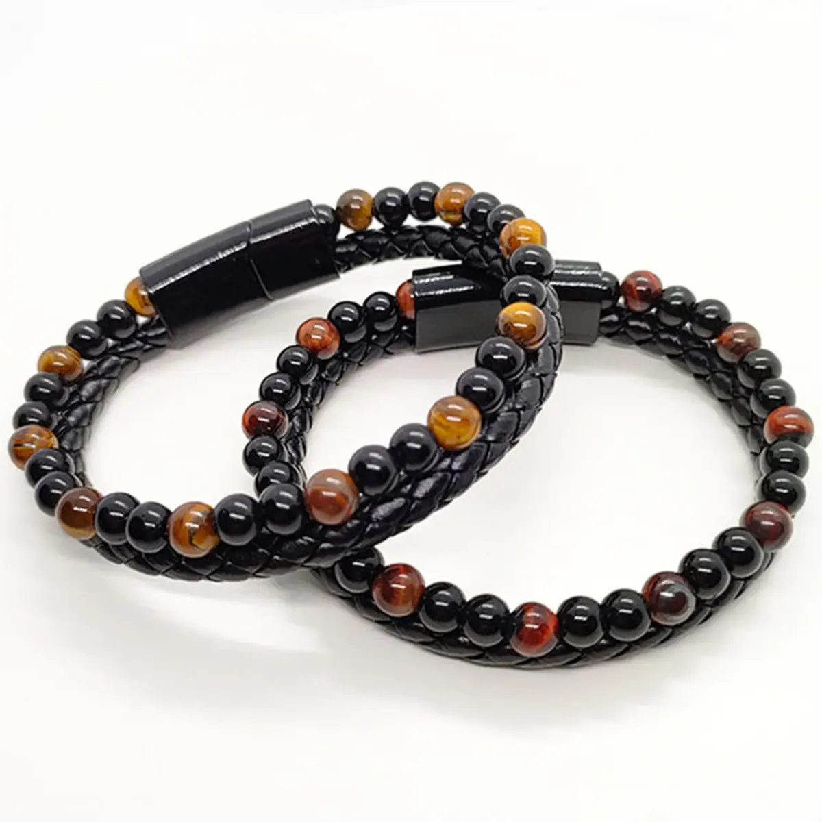 Natural agate stone leather beaded bracelet, hematite beaded bracelet, adjustable for men and women, volcanic lava stone heat therapy bracelet