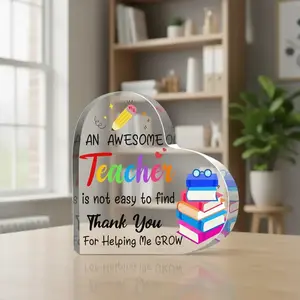 Letter & Book Pattern Acrylic Heart Shaped Ornament, 1 Count Creative Teacher Appreciation Gift, Desktop Ornament, Commemorative Gift, Teacher Decor, Acrylic Desktop Decoration, Decoration Items