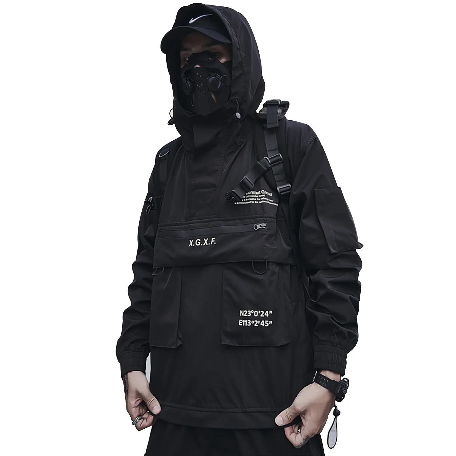 Niepce Black Techwear Cargo Jacket with Hood