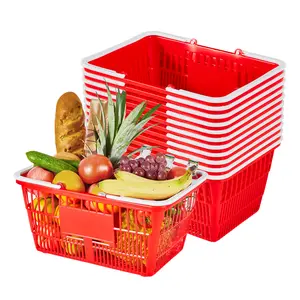 VEVOR Shopping Baskets, 12 PCS, 21L Stackable PE Plastic Grocery Baskets with Handles, Dense Mesh Structure, Holds up to 20 lbs, Portable for Grocery, Retail, Stores, Supermarket, Home Use, Red