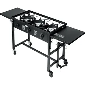 Barton Triple-Burner Stove 87,000 BTU Outdoor Camping Propane Cooking Station 4, Outdoor Cooking Supplies, Cast Iron, Side Tables