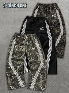 Printed Sweatpants Sportswear Set, Casual Street Style Gym Pants, Unisex Outdoor Wear, Spring & Fall Fitted Joggers, Pack of 3, Drawstring Sweatpants