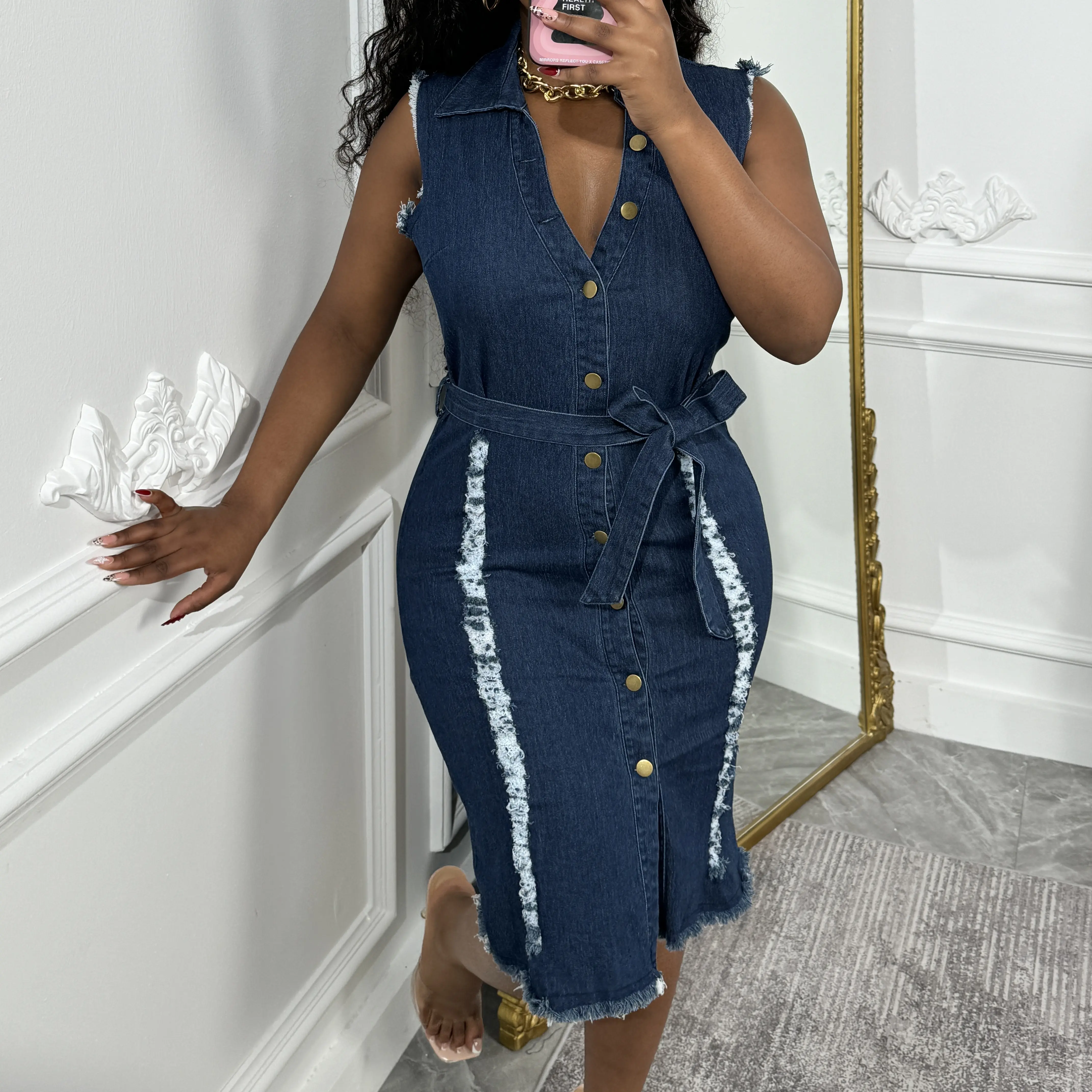 [US Shipping] MW Women's Casual Cropped Ripped Sleeveless A-Line Denim Mini Dress - Retro Minimal Denim Vibe, Distressed Edges, Adjustable Button Waist for Custom Fit, Slim Fit Flatters Curves, Shiny Style, Machine Washable, Cold Wash Only, Do Not Bleach