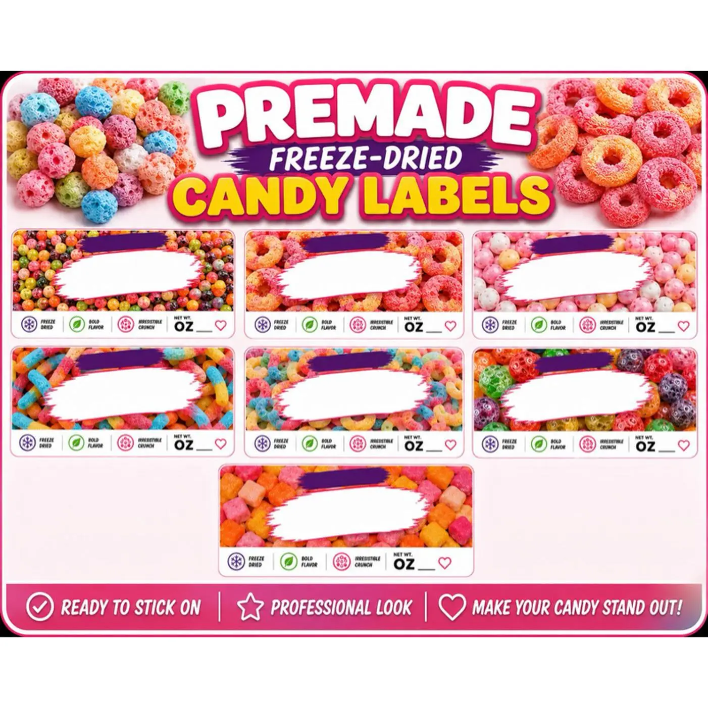Premade Candy Labels for Freeze-Dried Candy Packaging 3x4 Inches Professionally Designed Skittles Starburst Jolly Ranchers Peach Rings Gummy Worms Nerds Gummy Clusters Ready to Apply