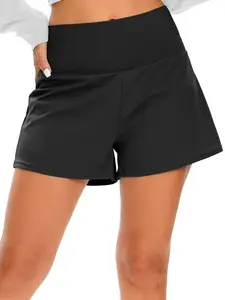 Women's Solid Color 2 in 1 High Waist Sports Shorts, Breathable Stretchy Shorts, Medium Stretch Casual Comfortable Breathable Anti-exposure Pocket Sports Shorts for Yoga Gym Workout Running, Ladies Sportswear for Spring & Fall