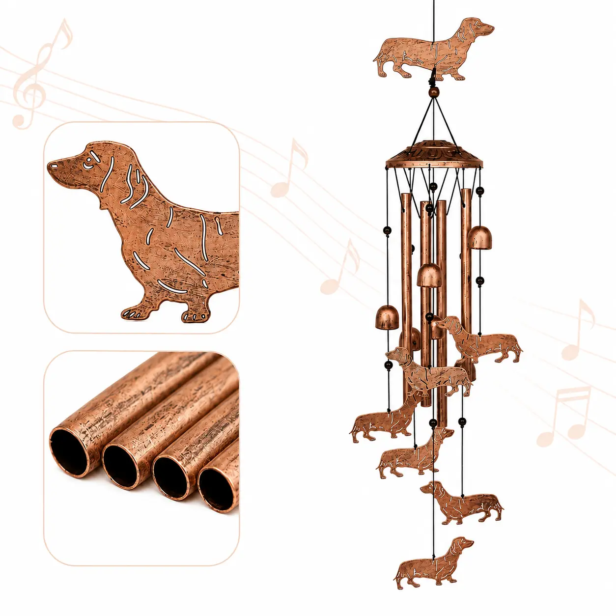 34 in Dachshund Windchime - Hanging Garden Decor with Strong Nylon Cords and Hook, Adorable Dachshund Accents, Outside Decor Gift for Dog Lovers for Birthdays, Mother’s Day, Home Improvement Yard Use