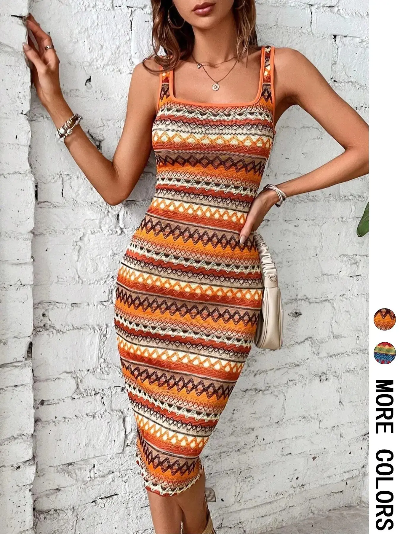 Women's Geometric Chevron Print Backless Bodycon Dress, Boho Style Square Neck Sleeveless Knee Length Dress for Beach Vacation Holiday, Ladies Summer Clothes