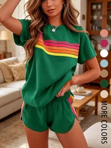 Two-piece women's fashion casual sportswear set, loose and slim-fit with rainbow striped design, perfect for summer, vacations, indoor, and outdoor wear Womenswear