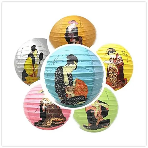 Thy Home 6-Piece Traditional Oriental Festival Lantern Set - 16in Round Geisha Hanging Ornaments, Lightweight Party Decorations with Easy Hooks for Festive Use, Room Decor, Home Supplies