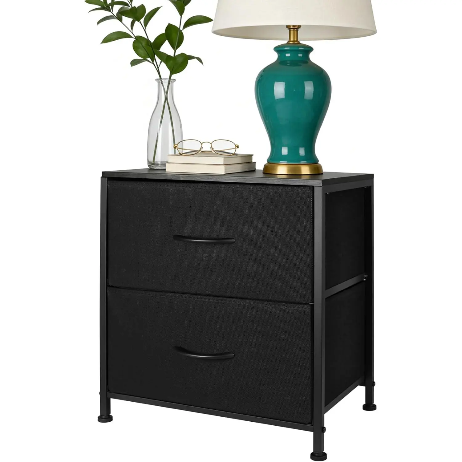 Fabric Nightstand with 2 Drawers, Small Night Stand Bedside Table with Two Drawer & Wooden Top, Dresser End Table for Bedroom Living Room Small Spaces Black