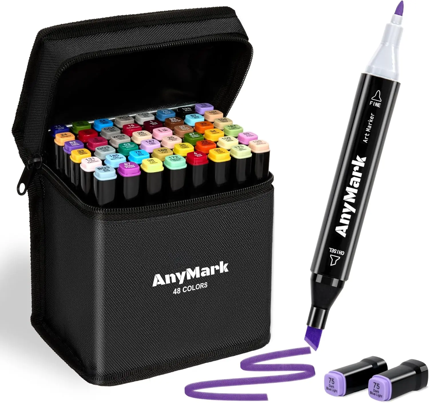 AnyMark Dual-Tip Alcohol Markers 80 Vibrant Colors for Adult Coloring Sketching Chiseling Fine Drawing with Black Pen Holder and Color-Coded Caps