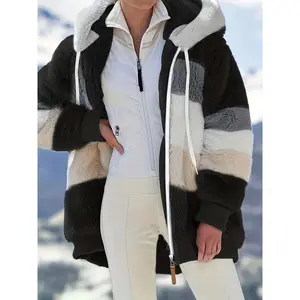 Women’s autumn–winter plush hooded zip-up sweatshirt with patchwork design and zippered pockets; loose plus-size jacket; comfortable, fashionable warm jacket; faux fur leather jacket GARMENTARY