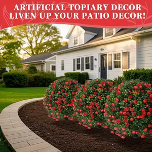 Spring and summer outdoor artificial rose red flowering green hedges, Artificial shrubs, suitable for porches, offices, homes, gardens - low maintenance all-season decoration - Christmas, Thanksgiving, weddings