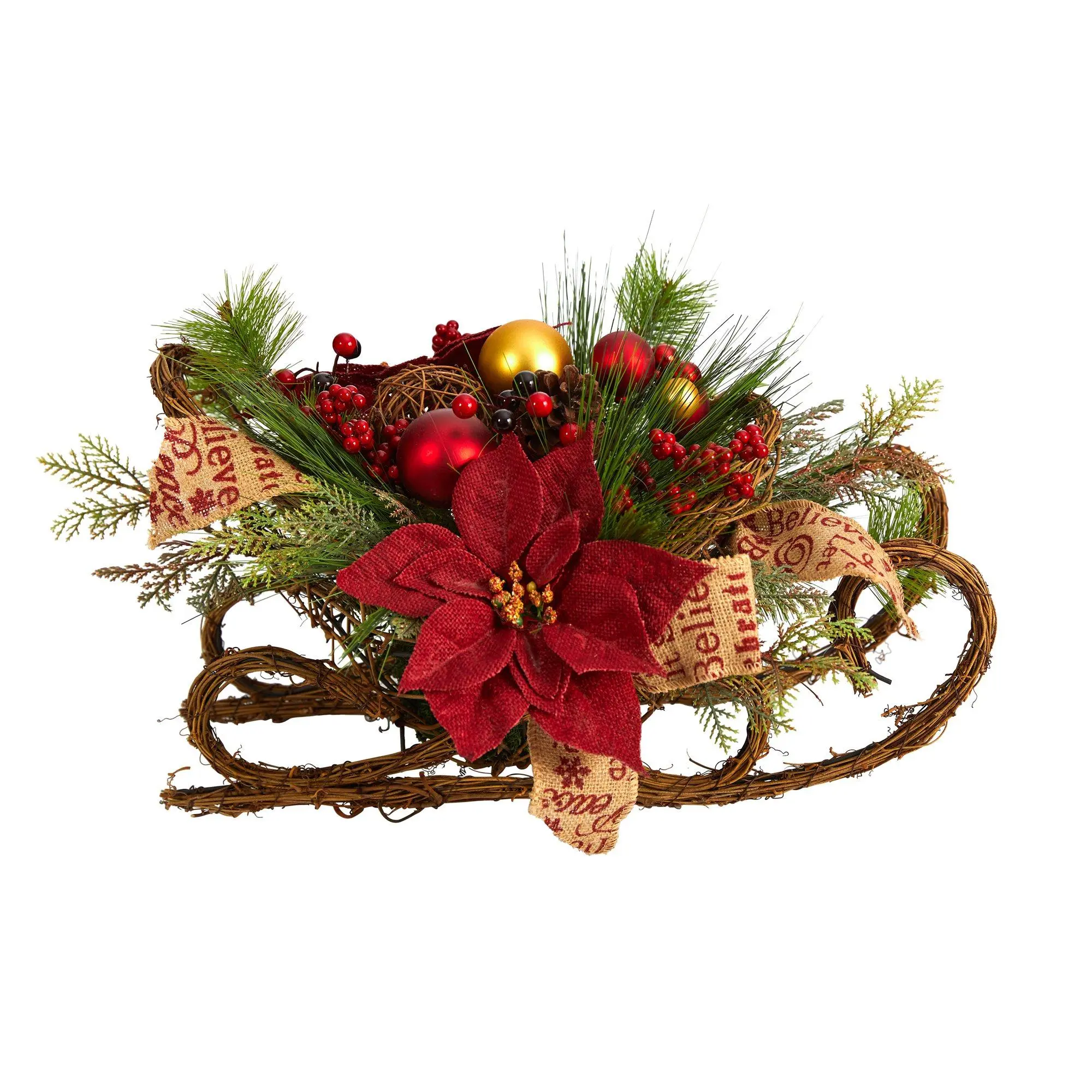18in Artificial Christmas Sleigh Decoration - Evergreen Base, Poinsettia Flowers, Berries, Pinecones, Ornaments - Durable Festive Home Decor for Parties
