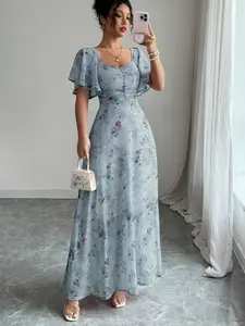 Women's Sweet Ruffle Chiffon Dress Butterfly & Floral Print Boho Flowy Summer Dress for Wedding Guest  Dress Women