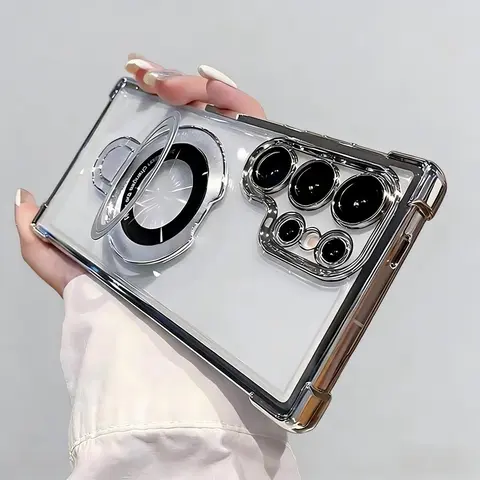 Plated Transparent Soft TPU Protection Case for Samsung Multi-Models (S26 Ultra, S26, S25 Ultra, S24, S23 FE, S22 Plus) - Shockproof 4-Corner Air Cushion, Transparent Cover, Sticky Stand, Camping Phone Accessory