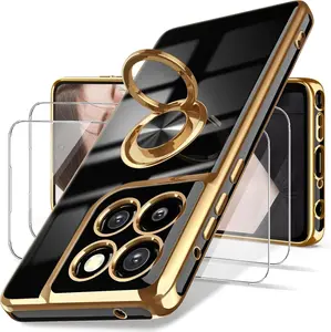 Moto G Stylus 5G 2025 Case, Screen Protector, 360° Rotatable Ring Holder Magnetic Kickstand,Plated Gold Edge Slim Soft TPU Protective Cover for Motorola G Stylus 5G 2025 (Black)