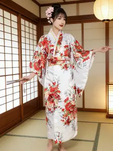 Women's Kimono Dress Kimono Sleeve Japanese Yukata Traditional Artisan Clothing Elegant Printed Satin Robe Suitable for Role Play Home Wear Photo Shoots