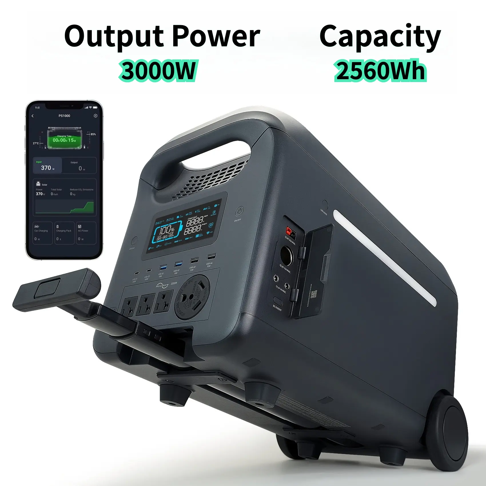 3000W 2560Wh LiFePO4 High Capacity Bluetooth Portable Power Station with Remote Control - Aluminum Alloy Compact Wheeled, Lithium Rechargeable Emergency Battery, US Outlet Compatible, Fast Charging, USB-C Output, 400W Optional Solar Powered Panel