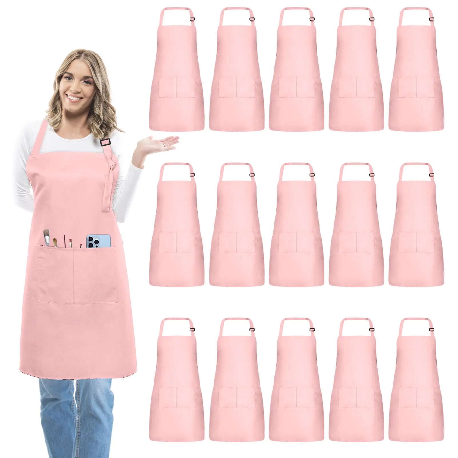 15 Pcs Adult Aprons Bulk with Pockets Adjustable Bib Chef Apron for Women Men Painting Cooking Crafting