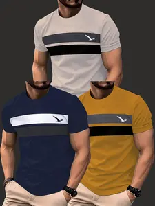 Three men's casual short-sleeved T-shirts, Casual summer clothes, Top Streetwear - featuring geometric stripe patterns, with a breathable round-neck design. Available in navy blue, white. Comfortable, the material is easy to clean